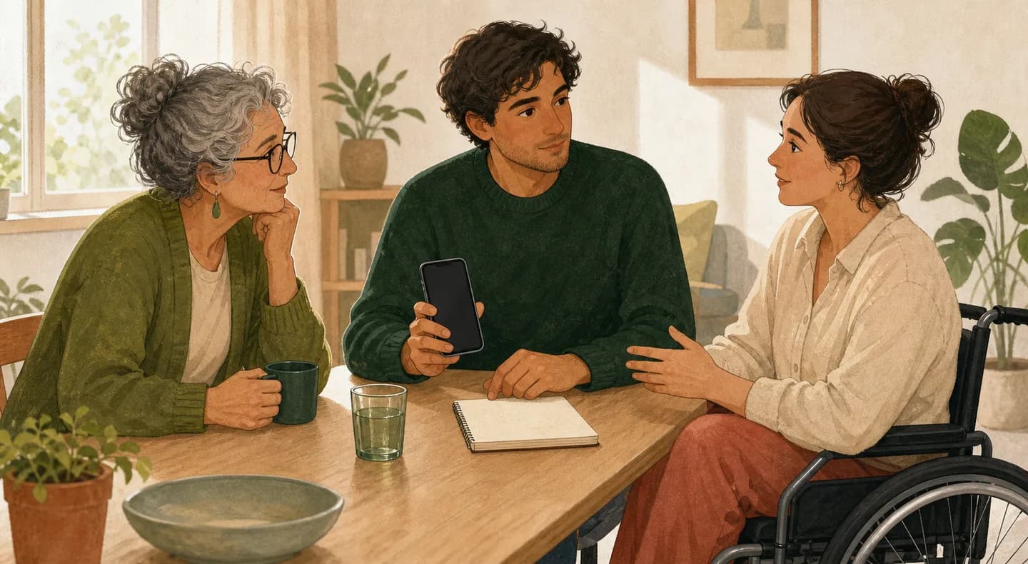 Illustration éditoriale de trois adultes qui échangent autour d’une table avant de proposer leur aide, dont une femme en fauteuil roulant.